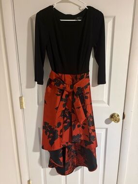R&K Black Top with Red Floral High-Low Skirt Dress